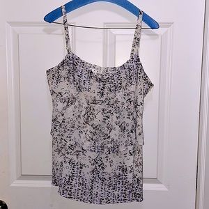 CAbi womens large tiered camisole, cream w/purples and grays